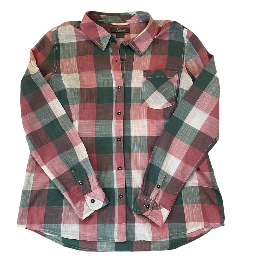 Natural Reflections Soft Green & Pink Button Down Shirt Size L